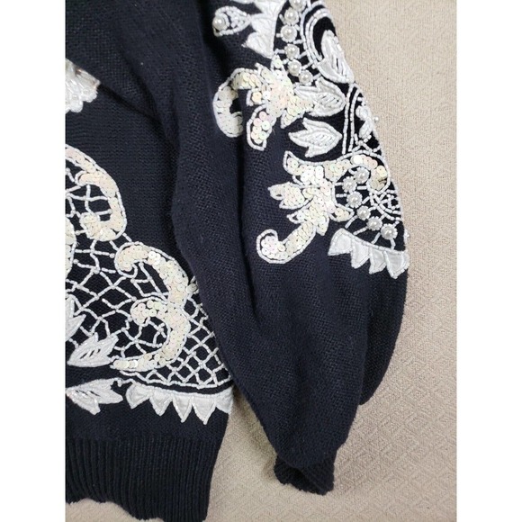 Bonnie Boerer Sweater Womens Small Black V-Neck Sequin Bling Trim Knit Pullover - Picture 5 of 10